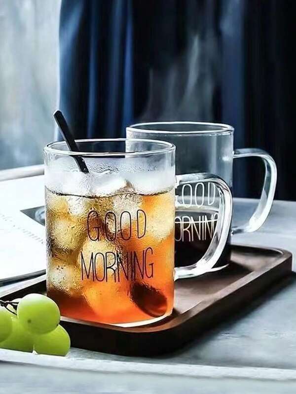 1 pieza Taza de vidrio de 480ml con estampado de "Buenos días", taza transparente con asa, taza de desayuno, taza de café de gran capacidad, taza de leche, taza de agua para uso doméstico y oficina, taza para bebidas heladas de verano, taza de té simple, artículo de menaje con diseño creativo y práctico