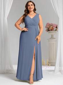 EVERPRETTY Romantic V-Neck Sleeveless Pleated Bust High Slit Bridesmaid Dress, Formal Blue Dress Suitable For Wedding Party - Dusty Blue - View 4