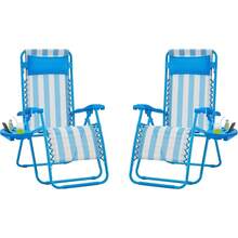 Par de 2 sillas reclinables plegables ajustables de gravedad cero con almohadas, portavasos y correa de transporte para patio, jardín y playa en color beige - Azul/blanco - Ver 1