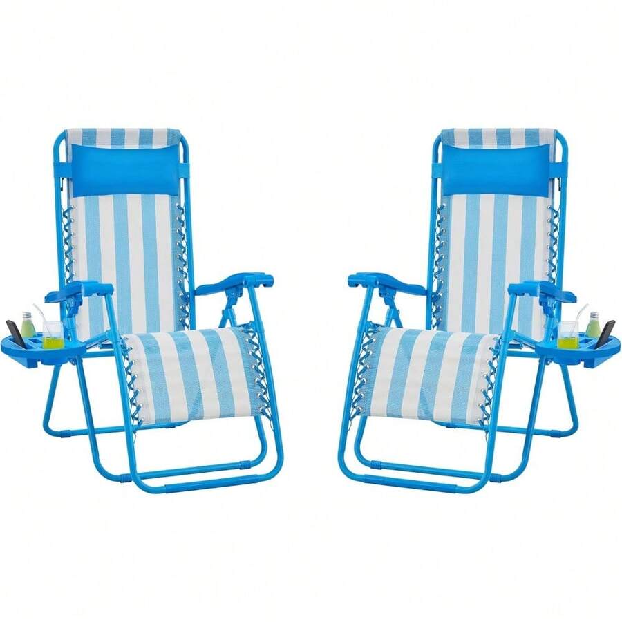 Par de 2 sillas reclinables plegables ajustables de gravedad cero con almohadas, portavasos y correa de transporte para patio, jardín y playa en color beige - Azul/blanco - Ver 1