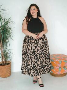 Truni Sometimesglam Plus Size French Print Patchwork Wrapped Slit Dress Women Outfit, For Pear Triangle Body Shape - Black - View 7