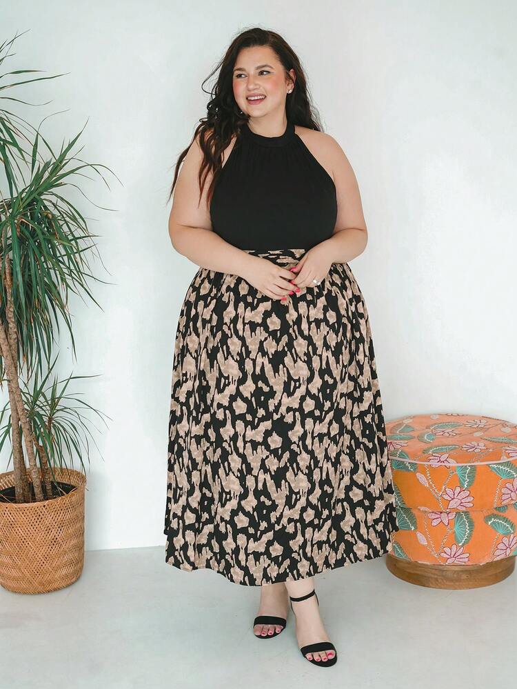 Truni Sometimesglam Plus Size French Print Patchwork Wrapped Slit Dress Women Outfit, For Pear Triangle Body Shape, For Body Shape, For Summer - Black - View 7