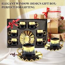 6-Piece Ottoman-Style Turkish Espresso Cup & Saucer Set – 3.5 Oz Ceramic Cups With Gold-Plated Rim In Black, Gift Box Included - As Shown - View 9