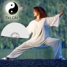 Abanicos plegables grandes para hombre/mujer - Estilo chino japonés para kung fu, tai chi - Para EDM, festivales de música, clubs, eventos, fiestas, baile, actuaciones, decoración (Negro y Rojo) - Blanco - Ver 2
