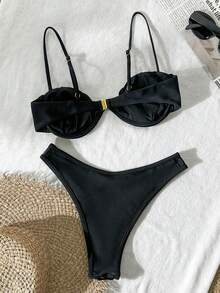 Bikinx Summer Beach Mesh Sexy Underwire Bikini Set, Contrast Color Swimsuit - Black - View 2