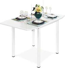 Dining Table And Set Of 2/4 Chairs, Drop Leaf Kitchen Table With PU Leather High Back Chair - White Table + 2 Gray Chairs - View 9