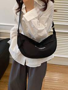 1 stuk gewatteerde, effen canvas tas met ritssluiting in de vorm van een halve maan, nieuwe collectie grote canvas tas met knoedels, minimalistische schoudertas met geborduurde letters, geschikt voor studenten, campus, reizen, woon-werkverkeer, casual, koppels, tarwedecoratie, ideaal voor dagelijks gebruik - Zwart - Bekijken 5