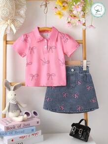 Set de 2 piezas Elegante y de moda para niñas, suave, transpirable y con estilo, blusa de cuello polo con estampado de mariposa de manga corta y falda vaquera azul con bordado de mariposa, apropiada para vacaciones, fiestas, uso casual y diario