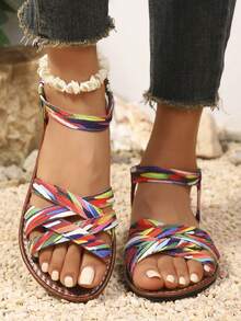 2025 Summer New Coffee Brown Woven Leather Lace-Up Flat Sandals With Buckle, Suitable For Women / Women Ankle Strap Flat Sandals, Black Mules, Elegant Faux Suede Casual Shoes, Summer Open Toe Slide Sandals, Lace-Up Sandals, Slippers