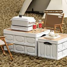 户外可折叠塑料储物箱带盖，可堆叠折叠露营箱带仿木盖，便携式托盘桌（黑色/白色）