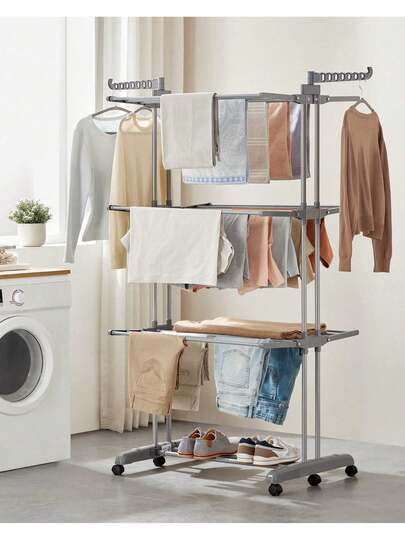 Large Clothes Airer, Foldable Clothes Drying Rack Laundry 4-Tier, Moveable Clothes Horse, 63.5 X 125.5 X 173 Cm, Stainess Steel, Folding Wings, Indoor Outdoor Use