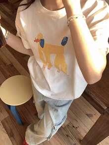 Cute Slouchy Dog Print Loose Casual Short Sleeve T-Shirt For Women, Summer White Relaxed Style - White - View 3