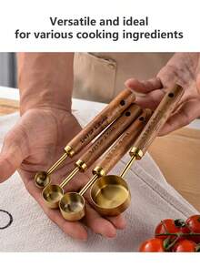 4pcs Measuring Cup & Spoon Set, Stainless Steel With Wooden Handle, Stackable, Kitchen Tools For Baking, Cooking, Dry & Wet Ingredients Measurement