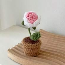 1pc Handmade Crocheted Potted Plant, Tulip/Sunflower/Heart Shaped Flower Desktop Decor, Knit Rose Flower, Forget-Me-Not Potted Plant Gift, Artificial Flowers Desktop Ornament, Party Favor