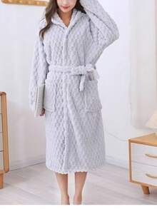 1pc Purple Coral Fleece Robe, Comfortable Breathable Loungewear, Casual Style, 3D Tortoiseshell Pattern, Super Absorbent Hooded Bathrobe Back To School - Grey - View 5