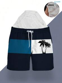 男士夏季印花图案抽绳腰侧袋夏威夷透气双层网眼衬里短裤，撞色椰子树3D艺术印花，时尚休闲沙滩度假泳裤 - 彩色 - 查看 2