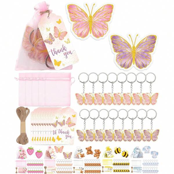49 pezzi di portachiavi, etichette regalo e decorazioni per feste, contenente 16 portachiavi a forma di farfalla, 16 cartoncini a forma di farfalla, 16 sacchetti in organza e 10 m di corda per decorazioni per feste