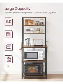 Kitchen Storage Rack, Coffee Bar, Baker's Rack, Total 6 Shelves And 6 Hooks, For Microwave, Steel Frame, Industrial, Rustic Brown And Black