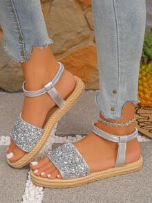 Plus Size Women Summer New Fashion Silver Bling Rhinestone Slip-On Elastic Band Flat Sandals, Comfortable Slip-On Beach Vacation Sandals - Silver - View 5