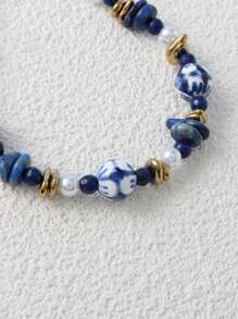 3 Stücke Vintage Keramik Schmuckset, handgefertigtes blau-weißes Porzellan mit Halskette aus Naturstein, Perlenarmband & Ohrringe, geeignet für Damen Alltags- und Festivaloutfits, Frühling/Sommer