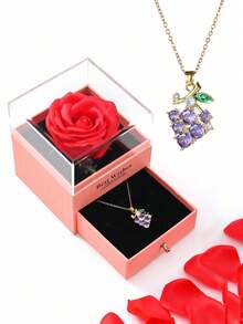 1 Set Artificial Rose Gift Box Necklace, "I Love You" In 100 Languages Necklace, Mother's Day, Valentine's Day Gift For Mom, Wife, Daughter, Grandma, Granddaughter