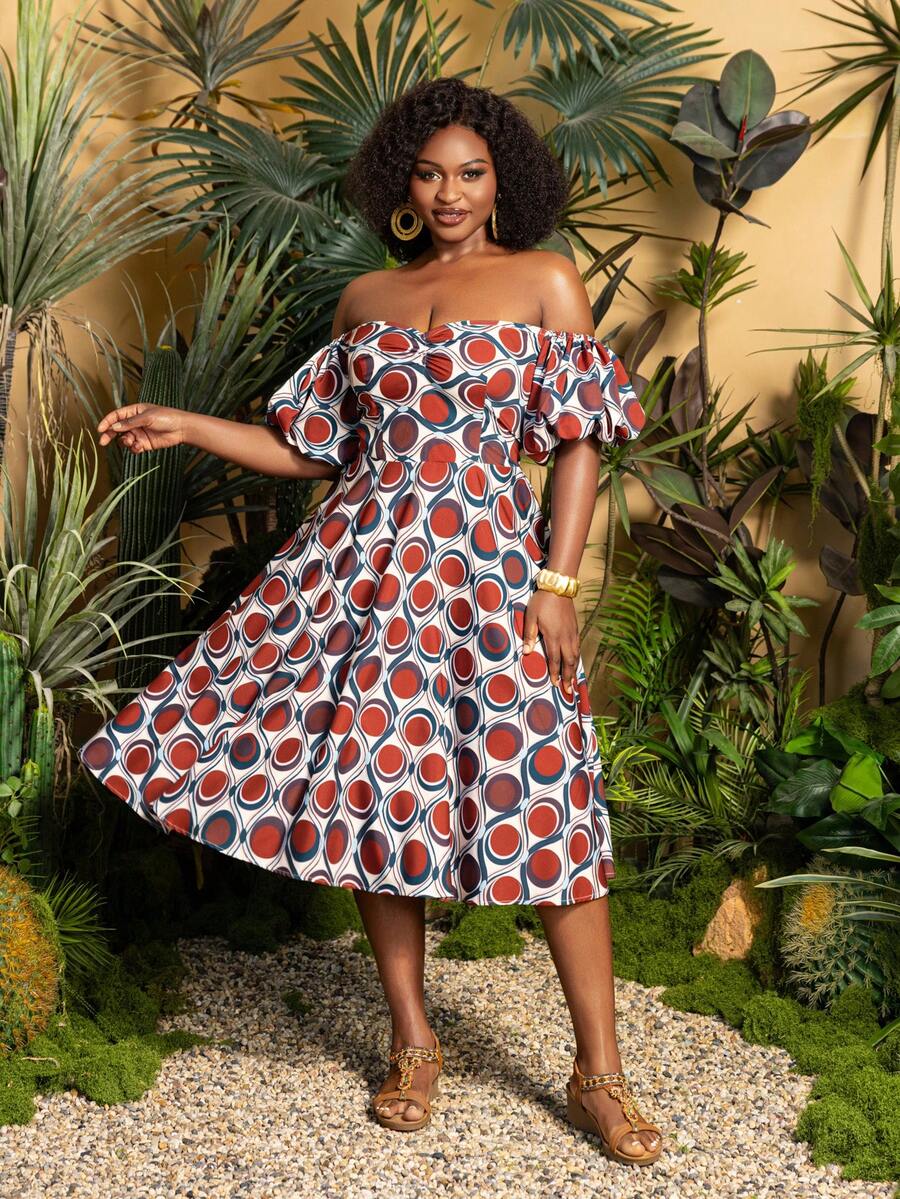 Große Größen Damen Off-Shoulder Laternensteck-Kleid mit A-Linie, zufälligem Muster und Blume Muster, fließende Silhouette - ideal für lässige Unternehmungen, Wochenendtrips, Strandurlaube, Sommerspaziergänge und Outdoor-Abenteuer - Rot-violett - Übersicht 1