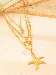 1 Piece Multi-Layer European And American Fashion Niche Three-Layer Starfish Faux Pearl Pendant Necklace Bohemian Holiday Accessory Suitable For Women To Wear On Summer Beach Vacations