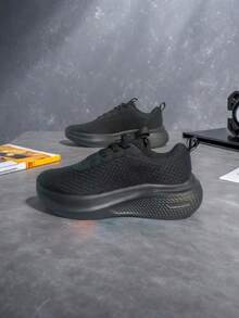Kids Boys & Girls Breathable Mesh Casual Sports Shoes, Lace-Up Anti-Slip Running Sneakers - Black - View 3