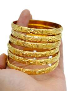 1/3/6pcs Handcrafted 24K Gold Plated Traditional Sand Gold Bracelet With Star & Angel Wing Pattern, Suitable For Women Daily Wear Or Gift, No Box