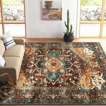 Non-Slip Washable Boho Vintage Area Rug Large Rug,  Living Room Bedroom Rug With Rubber Backing, Low Pile Faux Wool Soft Distressed Rug Floor Carpet For Living Room, Bedroom - Orange - View 8