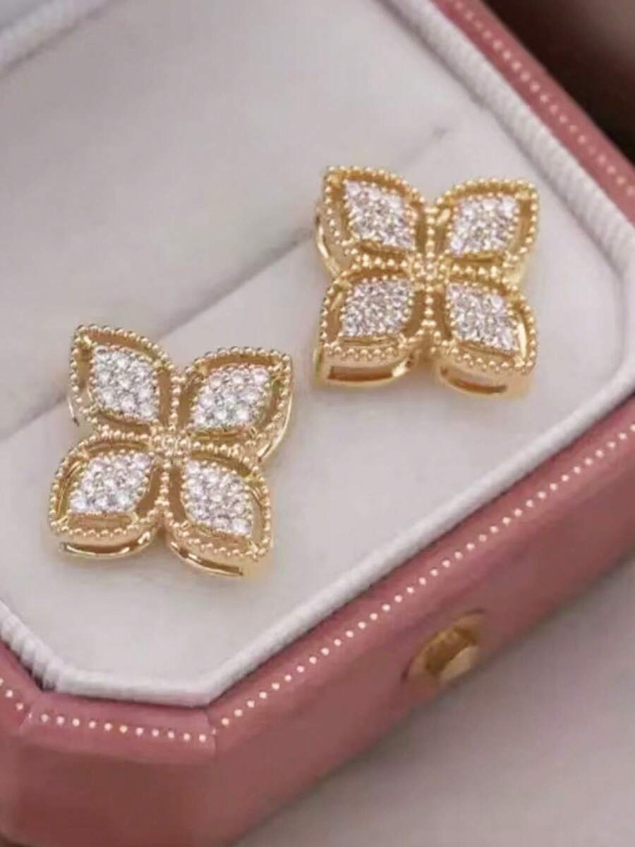 2pcs Elegant Cubic Hollow Flower Copper Zirconia Earrings, Luxury Jewelry Accessories Perfect For Party - Fashion Earrings - View 1