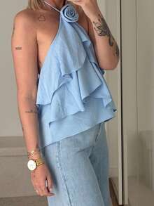 Women Tank Tops Solid Color 3D Flower Ruffles Tie-Up Halter Neck Casual Vests Summer Backless Sleeveless Tops Streetwear - 藍色 - 查看 6
