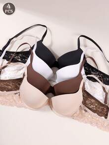 4pcs Women's Solid Color Lace Bras, Comfortable Fitted Bras, Lift & Enhance Bras - Multicolor - View 3