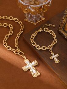 1 Piece Chunky Chain Cross Necklace For Women,Fashion Chunky Bracelet,Copper Alloy Electroplating 14K Gold,Gift For Summer Vacation,Hip Hop Party,Festival