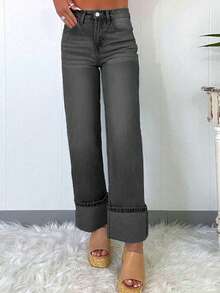 American Street Style Minimalist Casual Straight-Leg Relaxed Fit Women's Washed Denim Jeans - 深灰色 - 查看 2