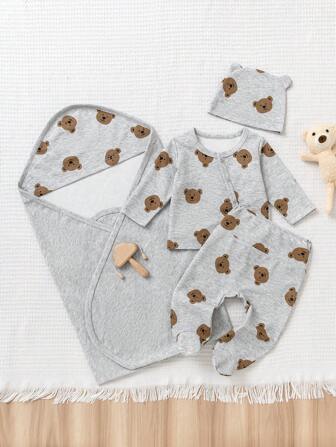 4 件套男婴服装，可爱熊印花圆领长袖开衫上衣，高腰全长裤，围兜和襁褓毯，适合新生儿日常穿着（0-9 个月）