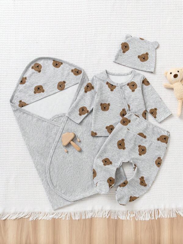 Conjunto de 4 piezas para bebé niño, que incluye: cárdigan de manga larga con cuello redondo y estampado de oso lindo, pantalones de cintura alta y longitud completa, babero y manta de envolver, ideal para uso diario de recién nacidos (0-9 meses)