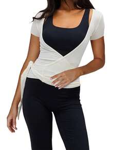 Women's Wrap V Neck Tops Basic Short Sleeve Solid Color Tie Side T-Shirts Workout Blouses - White - View 6