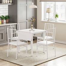 Dining Table And Set Of 2/4 Chairs, Drop Leaf Kitchen Table With PU Leather High Back Chair - White Table + 4 White Chairs - View 6