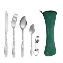 新款不锈钢便携式餐具套装，5件套，幸运星设计，户外旅行露营刀叉勺小勺礼盒套装，304不锈钢吉祥花卉5件套，含开罐器、开瓶器、西式牛排刀叉勺、创意收纳袋，户外便携套装 - 彩色 - 查看 7