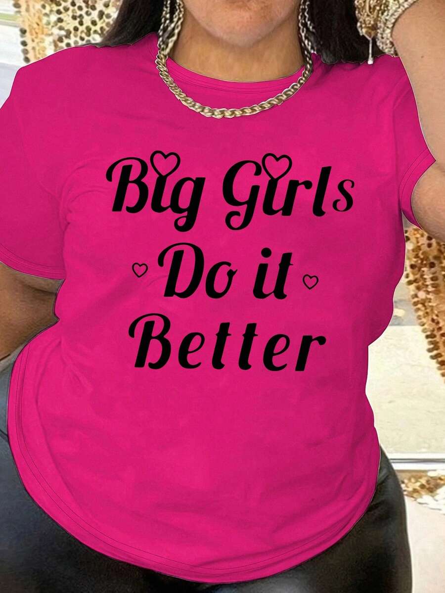 大号字母标语印花T恤，休闲圆领短袖T恤，女士加大码夏季服装 - 玫紅色 - 查看 1