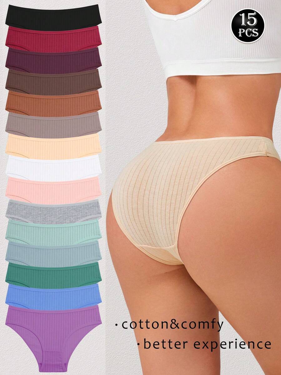 15-Piece Set Of Pure Cotton Striped Breathable, Lightweight, And Comfortable High-Waisted Women's Briefs, Suitable For Everyday Wear, Sports, And Holiday Outfits, Available In Autumn, Winter, Spring, And Summer Color Schemes. - Multicolor - View 1
