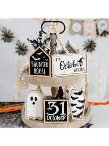 Décoration de plateau à plusieurs étages pour Halloween, décoration de fête d'Halloween, chauve-souris effrayante et fantôme, décorations en bois pour ambiance (plateau non inclus)