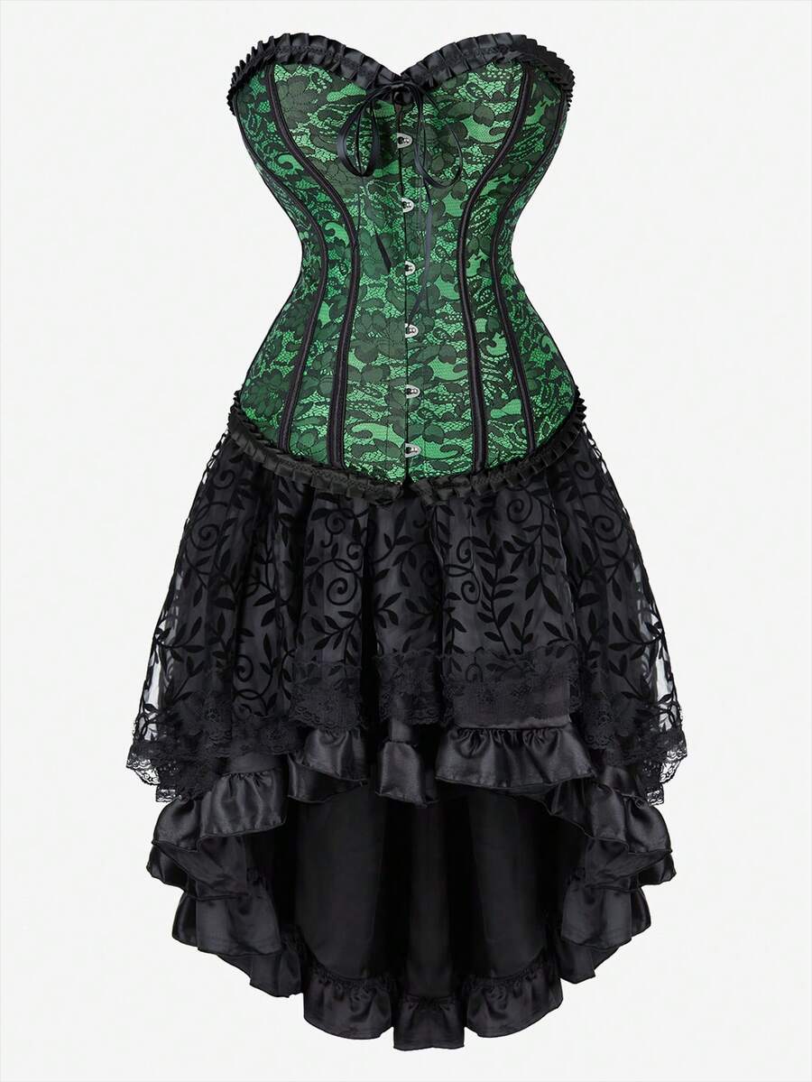 Renaissance Corset Dress Floral Jacquard Lace Up Corset Skirt Set — free download