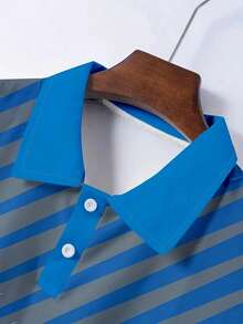 100% 涤纶男士高尔夫 Polo 衫，短袖，常规款式，略有弹力，翻领，印花图案，纽扣细节，四季针织面料 - 适合各种球类运动