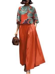 ZANZEA Elegant Women Floral Printed 3/4 Flare Sleeve Tops T Shirt Wide-Leg Long Pants Palazzo Trousers Summer Holiday Casual 2pcs Sets Outfits - 橘色 - 查看 2