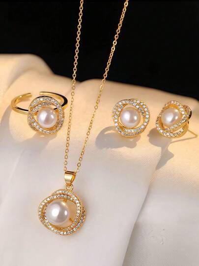 4pcs/Set Lightweight Luxury French Style Elegant Faux Pearl Necklace, Ring, Earrings Set, Ideal For Daily Wear, Valentine's Day Gift Valentines,Mom,Mother,Mother's Day,Gift