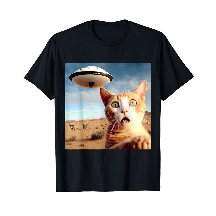Alien UFO Funny Cat T-Shirt - Black - View 1