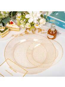 25 pièces de papier doré pailleté, plateau à salade et couverts, plateaux de 10,25 pouces et 7,5 pouces, convenant aux célébrations, fêtes, événements extérieurs, mariages, restaurants et fournitures scolaires