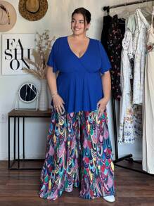 Enliva Jolene.Mendez Plus Size Full-Print Elastic Waisted Tie Super Wide-Leg Pants Beach, For Apple Rounded Body Shape